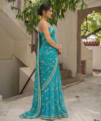 Turquoise blue chiffon saree with gota patti jaal work 4