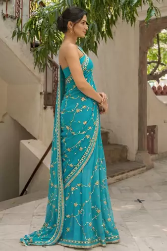Turquoise blue chiffon saree with gota patti jaal work