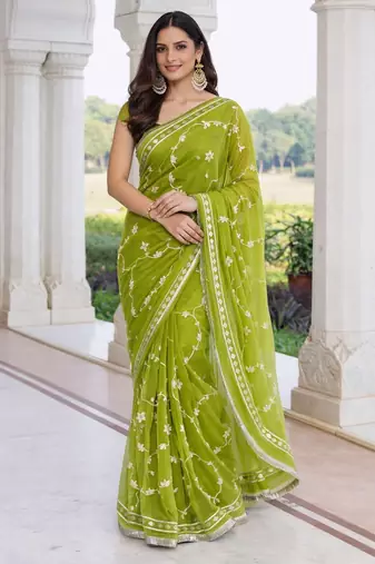 Green chiffon saree with gota patti jaal work