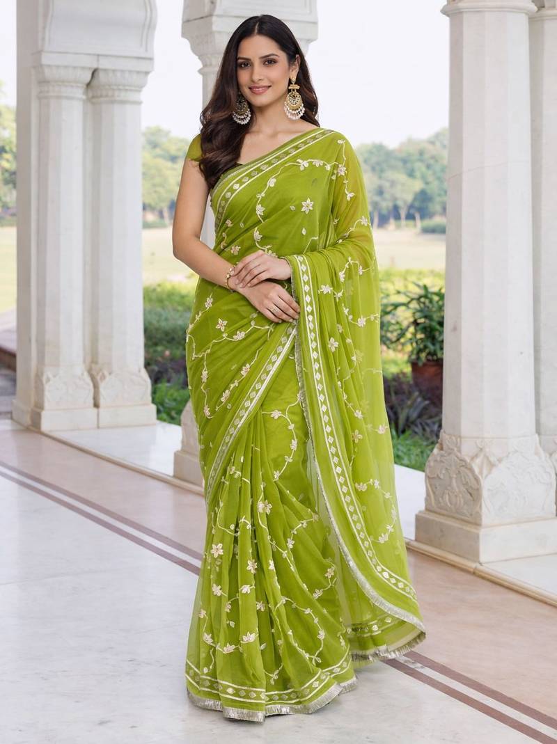 Green chiffon saree with gota patti jaal work
