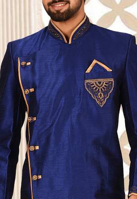 Royal blue dupion arts silk anghrakha design with hand work on collar, hand and chest pocket indo western 3