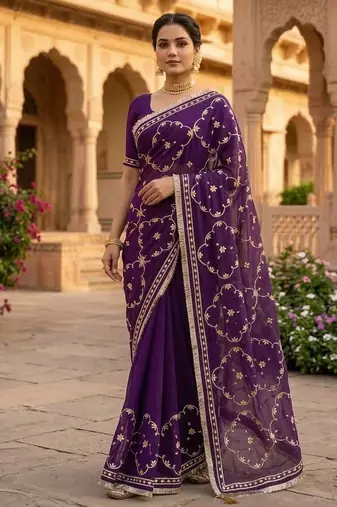 Purple chiffon saree with gota patti jaal work