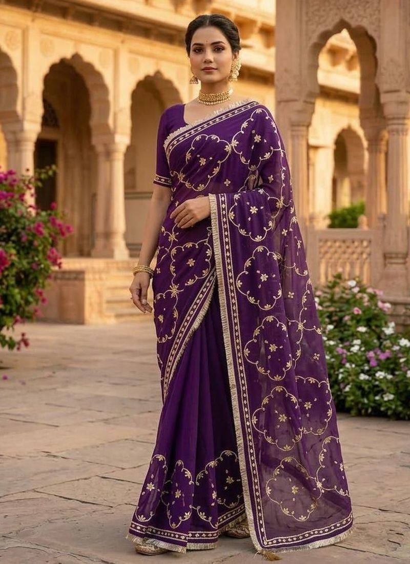 Purple chiffon saree with gota patti jaal work
