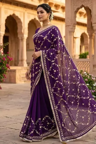 Purple chiffon saree with gota patti jaal work
