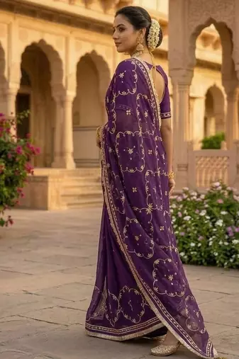 Purple chiffon saree with gota patti jaal work