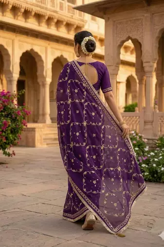 Purple chiffon saree with gota patti jaal work