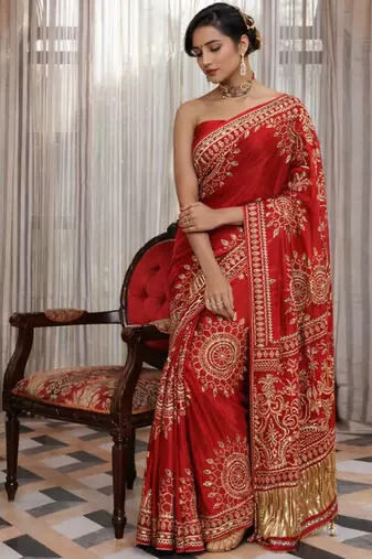 Red silk saree with gota patti jaal work, peacock motifs & heavy pallu