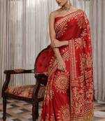 Red silk saree with gota patti jaal work, peacock motifs & heavy pallu