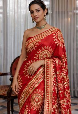 Red silk saree with gota patti jaal work, peacock motifs & heavy pallu 2