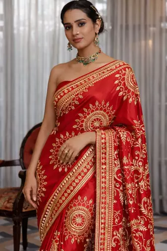 Red silk saree with gota patti jaal work, peacock motifs & heavy pallu