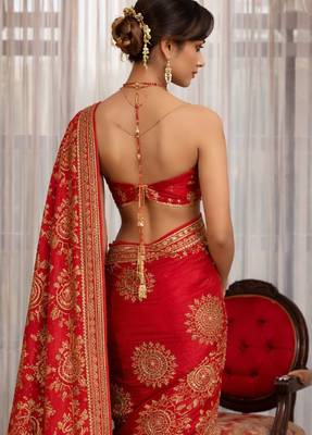 Red silk saree with gota patti jaal work, peacock motifs & heavy pallu 3