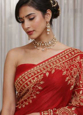 Red silk saree with gota patti jaal work, peacock motifs & heavy pallu 4