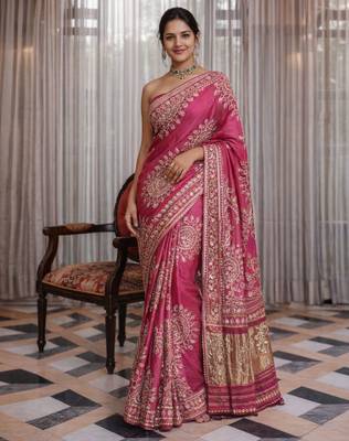 Pink silk saree with gota patti jaal work, peacock motifs & heavy pallu 1