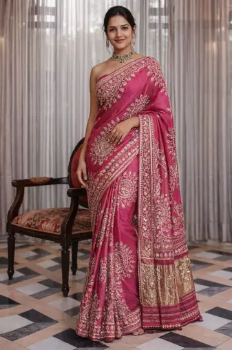 Pink silk saree with gota patti jaal work, peacock motifs & heavy pallu