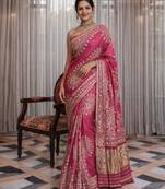 Pink silk saree with gota patti jaal work, peacock motifs & heavy pallu