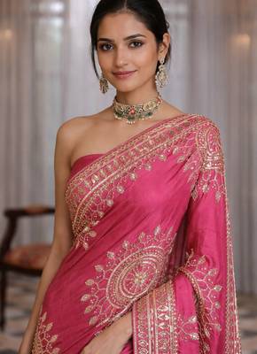 Pink silk saree with gota patti jaal work, peacock motifs & heavy pallu 2