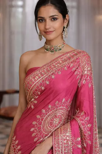 Pink silk saree with gota patti jaal work, peacock motifs & heavy pallu