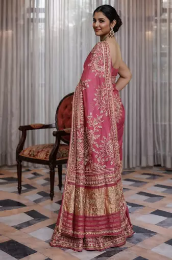 Pink silk saree with gota patti jaal work, peacock motifs & heavy pallu