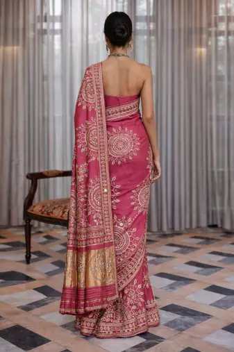 Pink silk saree with gota patti jaal work, peacock motifs & heavy pallu