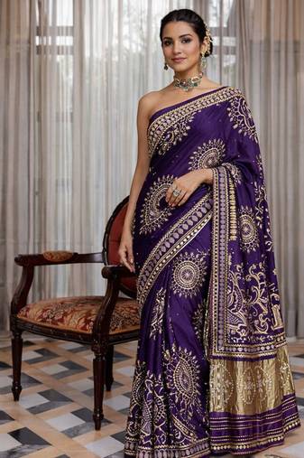 Purple silk saree with gota patti jaal work, peacock motifs & heavy pallu
