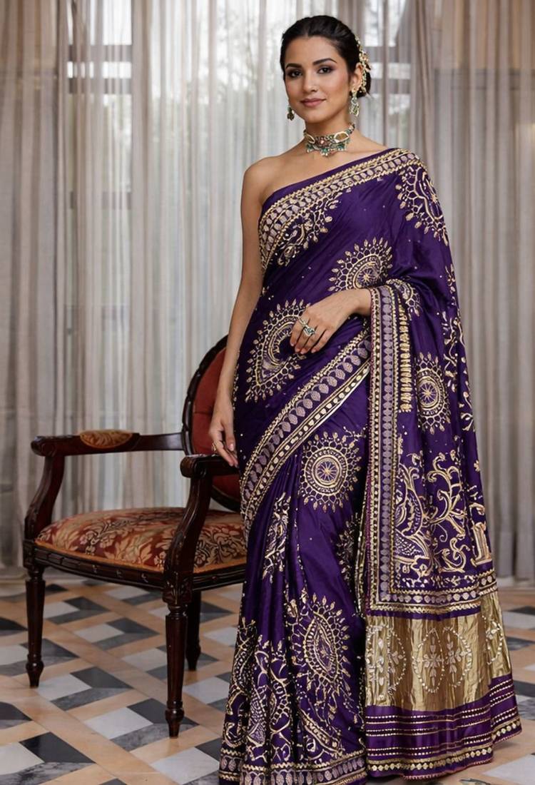 Purple silk saree with gota patti jaal work, peacock motifs & heavy pallu