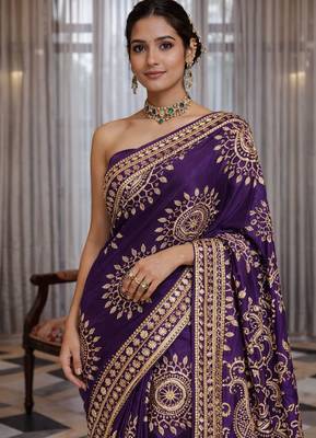 Purple silk saree with gota patti jaal work, peacock motifs & heavy pallu 2