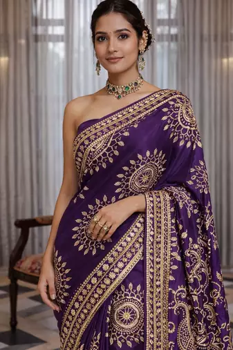 Purple silk saree with gota patti jaal work, peacock motifs & heavy pallu
