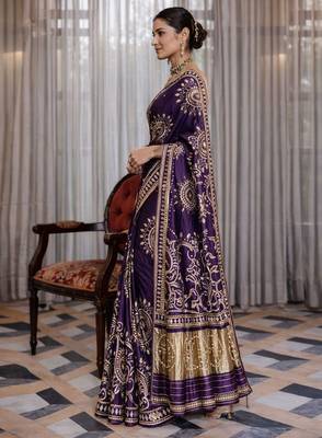 Purple silk saree with gota patti jaal work, peacock motifs & heavy pallu 3
