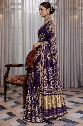 Purple silk saree with gota patti jaal work, peacock motifs & heavy pallu