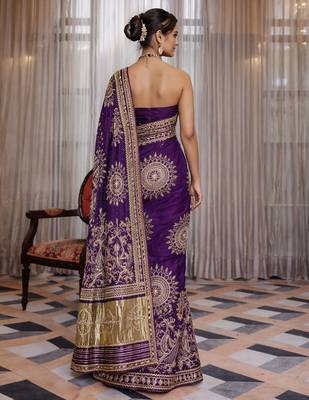 Purple silk saree with gota patti jaal work, peacock motifs & heavy pallu 4
