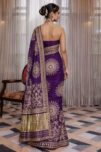 Purple silk saree with gota patti jaal work, peacock motifs & heavy pallu