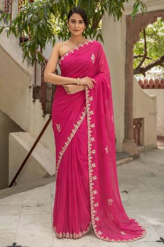 Pink chiffon saree with gotta patti & kardana work scallop border