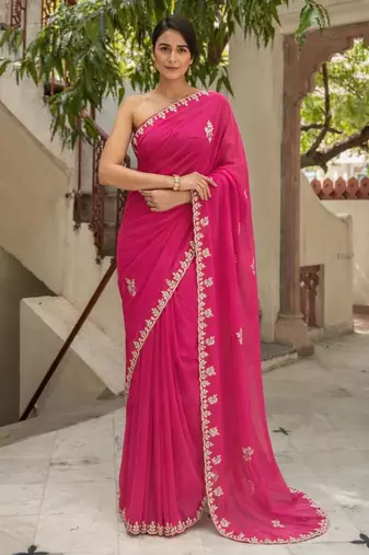 Pink chiffon saree with gotta patti & kardana work scallop border
