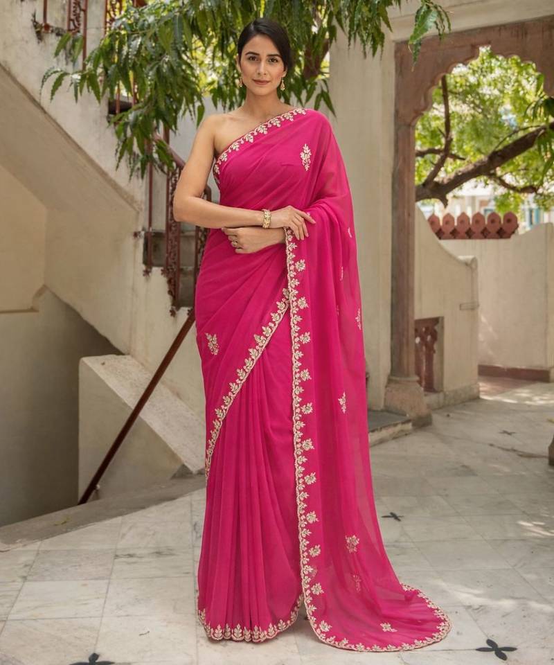 Pink chiffon saree with gotta patti & kardana work scallop border