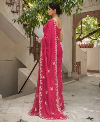 Pink chiffon saree with gotta patti & kardana work scallop border 3
