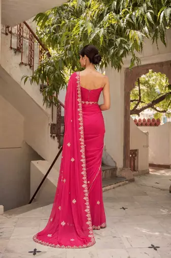 Pink chiffon saree with gotta patti & kardana work scallop border