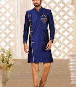 Royal blue dupion arts silk anghrakha design with hand work on collar, hand and chest pocket indo western