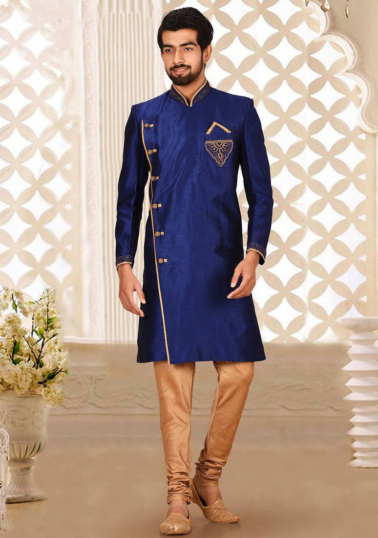 Royal blue dupion arts silk anghrakha design with hand work on collar, hand and chest pocket indo western