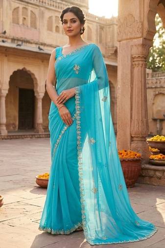 Blue chiffon saree with gotta patti & kardana work scallop border