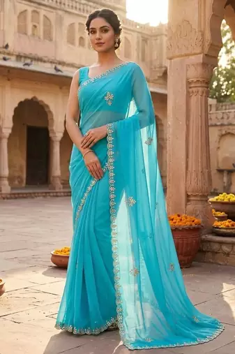 Blue chiffon saree with gotta patti & kardana work scallop border