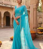 Blue chiffon saree with gotta patti & kardana work scallop border