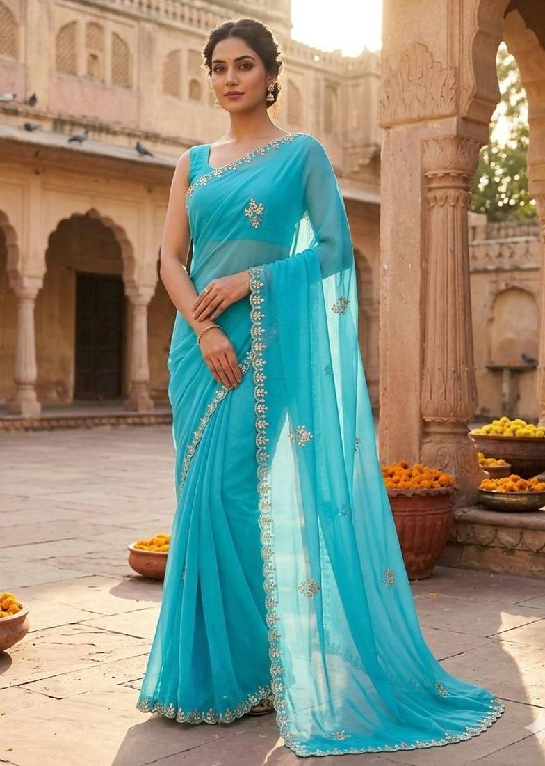 Blue chiffon saree with gotta patti & kardana work scallop border