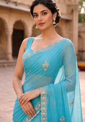 Blue chiffon saree with gotta patti & kardana work scallop border 2