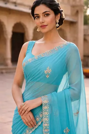 Blue chiffon saree with gotta patti & kardana work scallop border