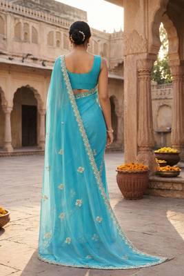 Blue chiffon saree with gotta patti & kardana work scallop border 3