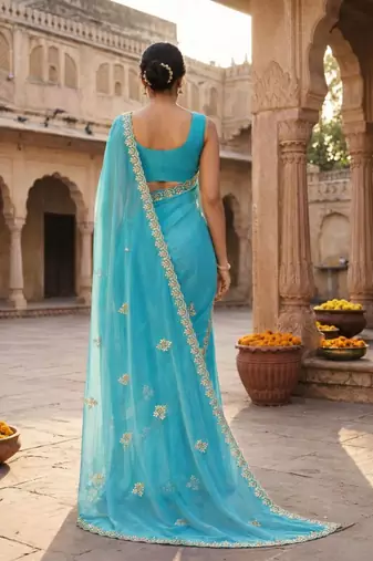 Blue chiffon saree with gotta patti & kardana work scallop border