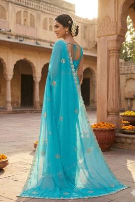 Blue chiffon saree with gotta patti & kardana work scallop border 4