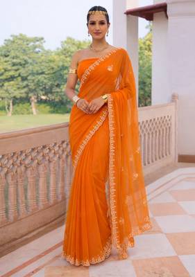 Orange chiffon saree with gotta patti & kardana work scallop border 1