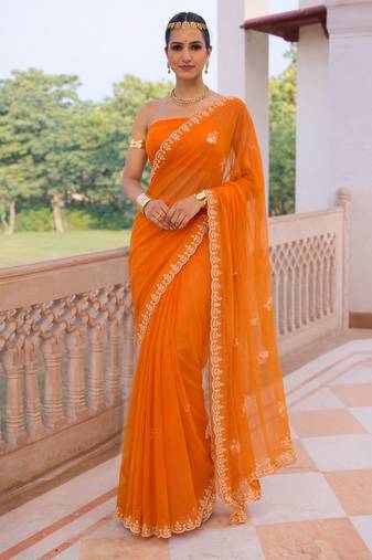 Orange chiffon saree with gotta patti & kardana work scallop border
