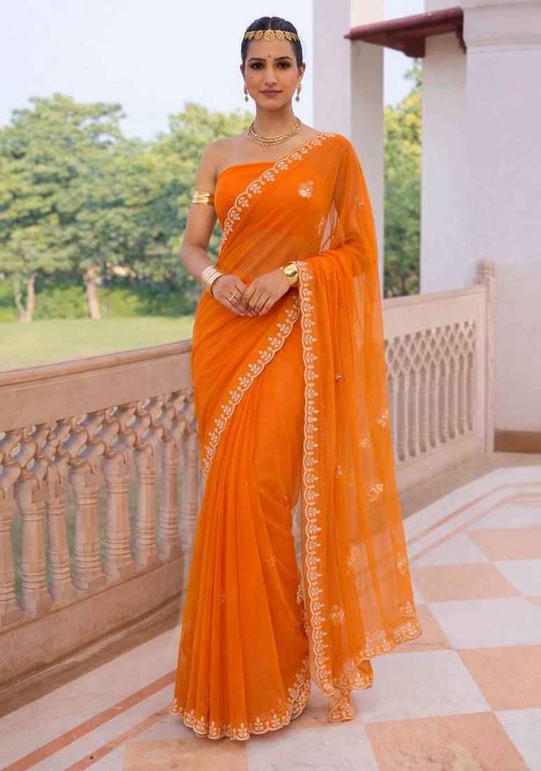 Orange chiffon saree with gotta patti & kardana work scallop border